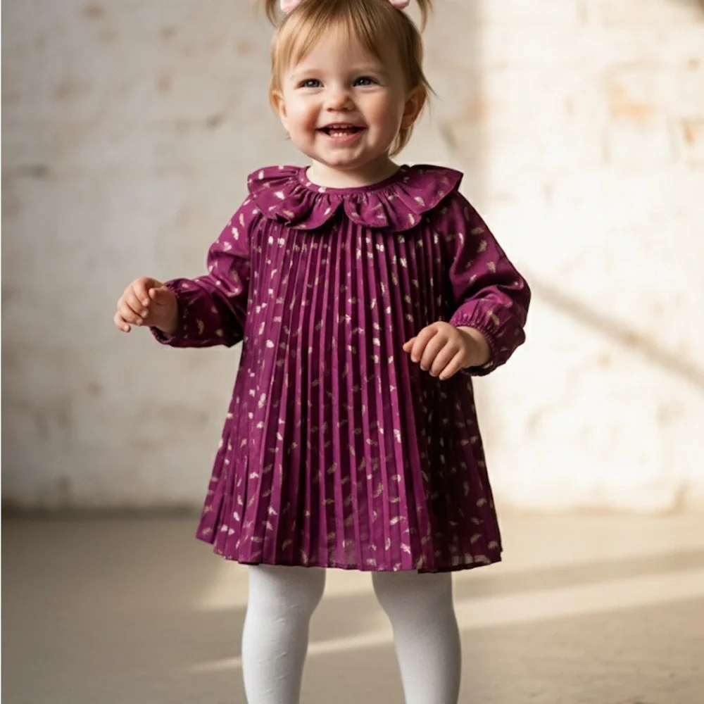 Cherokee Magenta Gold Foil‎ Feather Pleated Dress Special Occasion Party NWOT